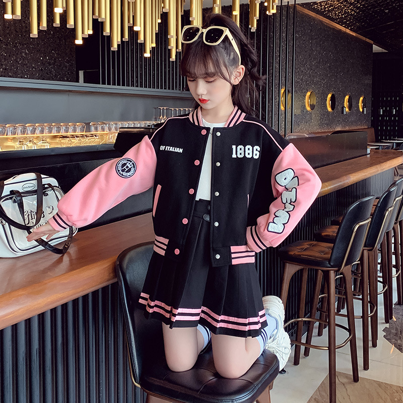 【Baru Datang!】5-14Tahun TZ-19 Setelan Set 2in1 Anak Perempuan High School Style Bomber Jacket + Mini Skirt