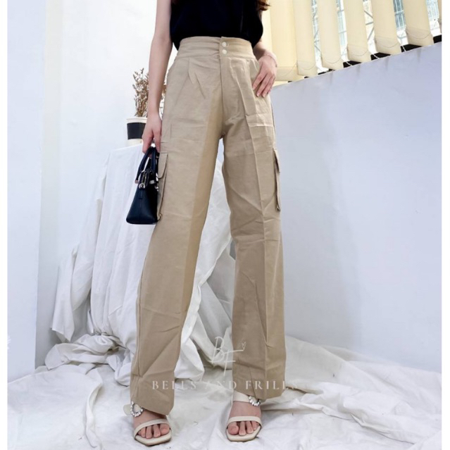 WALTER CARGO HIGHWAIST LINEN - Celana Kulot Cargo - Celana Kargo Wanita - Joger Highwaist Loose P20