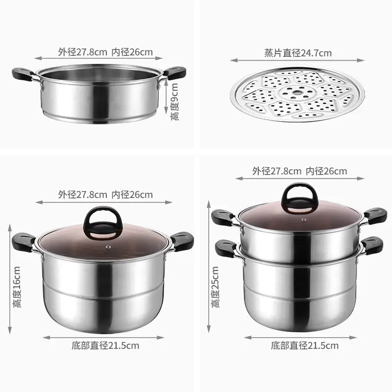 Panci Kukus Steam 22cm 24cm 26cm Pot 2 Tingkat Full Stainless Steel Tutup Kaca Stainless Steel Kitchen Metal Hot Pot Soup Pot Cooking Pot Cookware For Induction Cookers