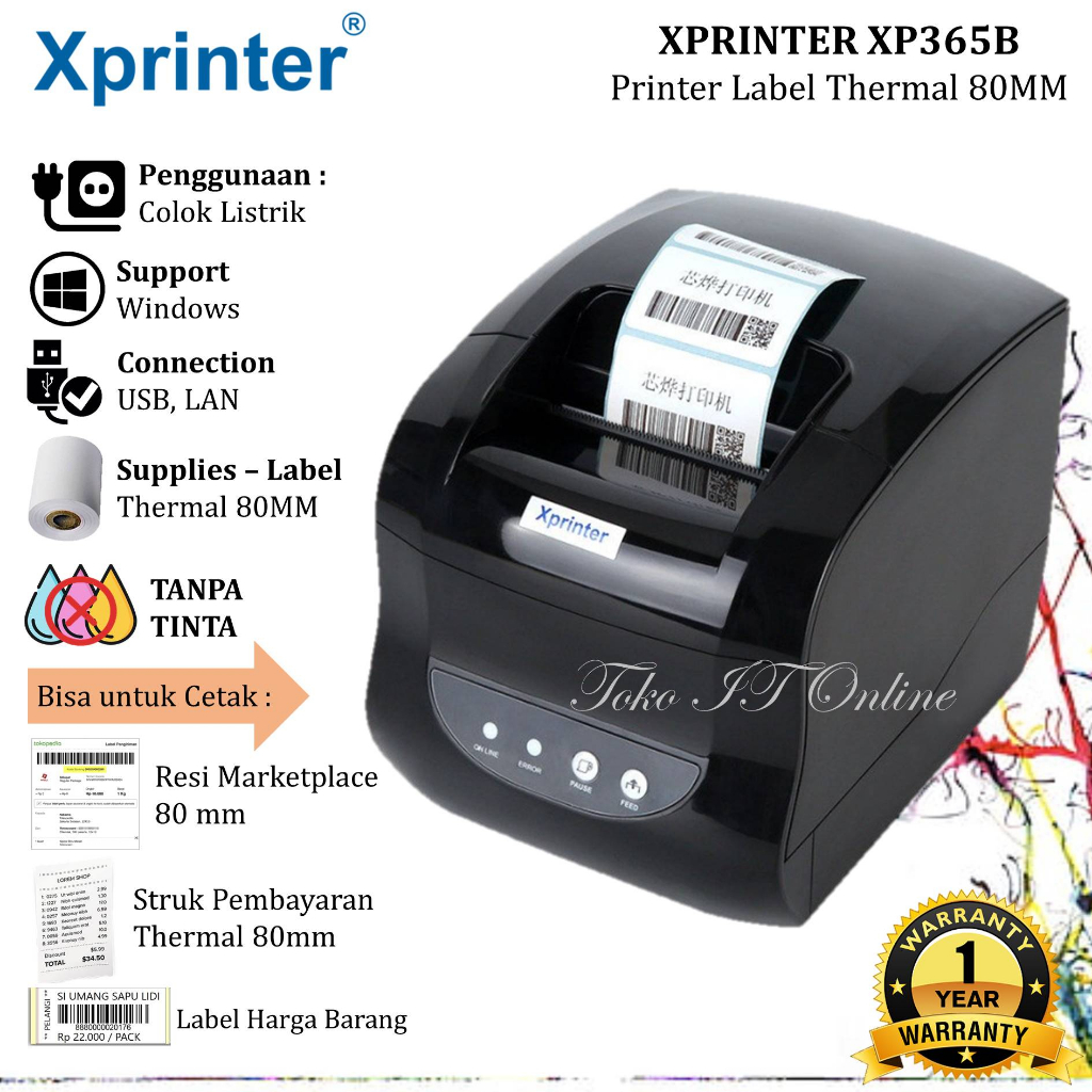 Printer Label Barcode 80mm Xprinter XP365B USB LAN Ethernet RJ11 Cetak Struk Pembayaran PPOB 80x80 XP-365B XP 365 XP365 Print Label Resi Pengiriman Marketplace Stiker Harga Barang 33x15