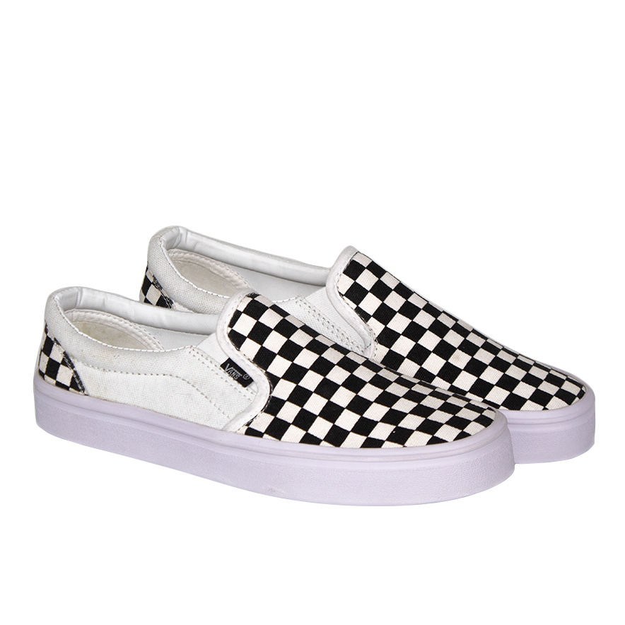 Sepatu vans slip on checkerboard hitam putih slop tanpa tali catur DT Kanvas
