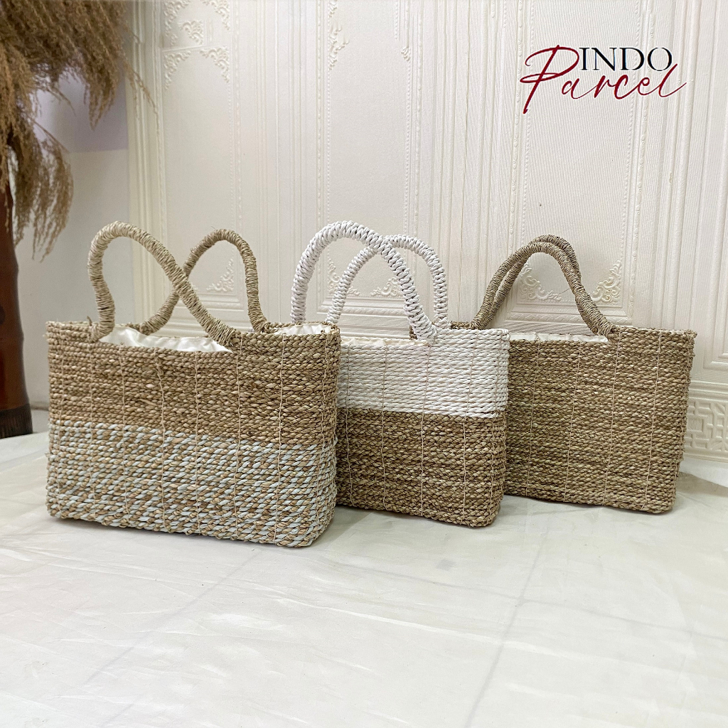 INDOPARCEL - Tas Keranjang Anyaman Rara Motif Warna Kombinasi Bunga Pita Natural Tas Hampers Keranja