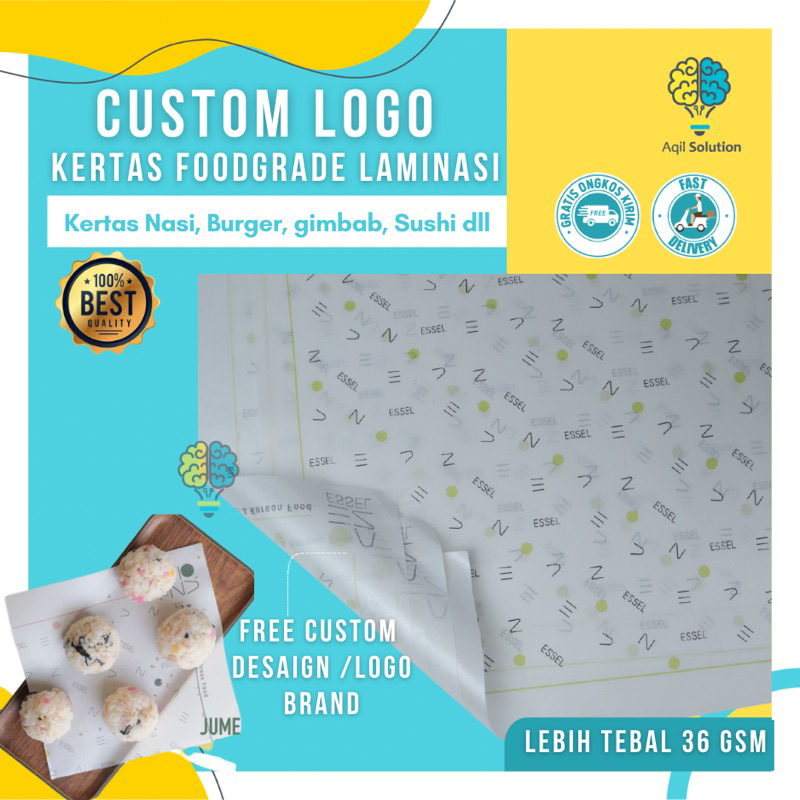 (Custom logo 1rb pcs) Kertas Foodgrade laminasi, Kertas Nasi, Bungkus Burger / Kebab/ Tacos, Wrapping paper sushi, Gimbab Paper, Alas Cake Alas brownies, Alas Kue, alas Roti. kertas makanan segala kebutuhan