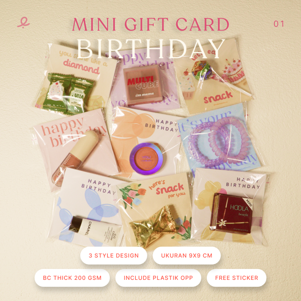

Gift card mini birthday | Kartu hadiah ulang tahun | Uk 9x9 cm | FREE Sticker lucu | Termasuk platik OPP | BC Thick 200gsm