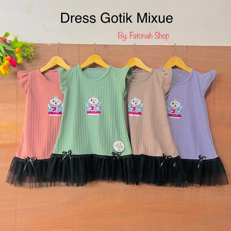 Dress anak 2 3 4 5 6 tahun dress mixue bahan knit terbaru fatonah shop matcha hornet ( dress gotik mixue )