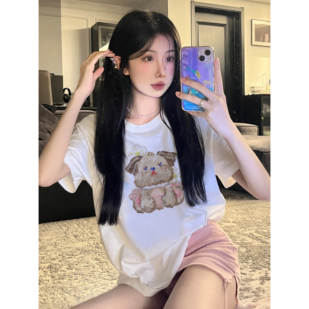 EUNII T-shirt Lengan Pendek Cartoon Oil Painting Dog Korean Style/Kaos Atasan Wanita/Baju Kaus Oversize Wanita/Kaos Wanita