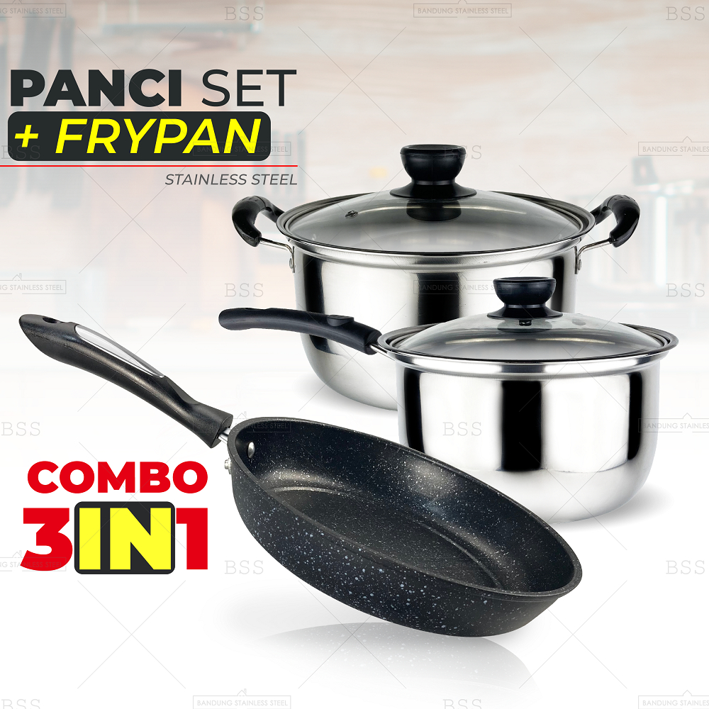 Combo 3IN1 SET Panci Susu 18cm  Panci Sup 20cm Stainless Tutup Kaca Set frypan Medical Stone Multifungsi