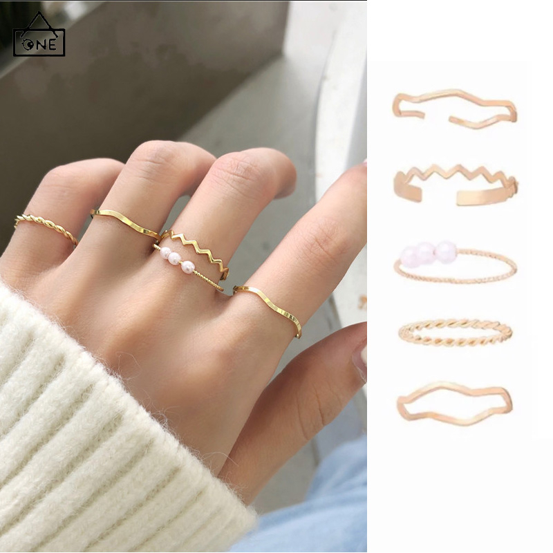 COD❤️ 5 pcs Cincin Set Fashion Aksen Berlian Imitasi Mutiara Untuk Wanita-A.one