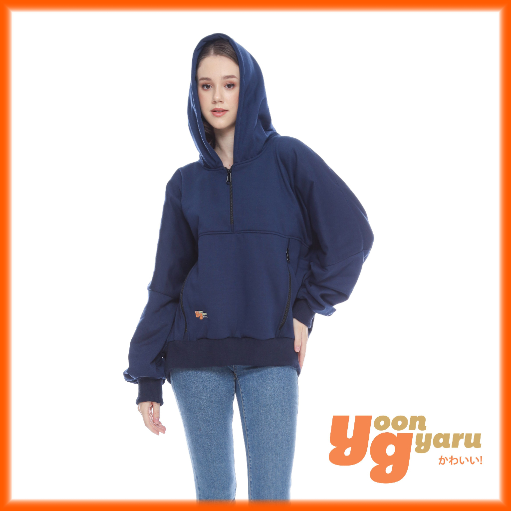 Heva Oversize Half Zipper Hoodie Sweater Wanita Oversized Batwing Original Yoon Gyaru Hodie