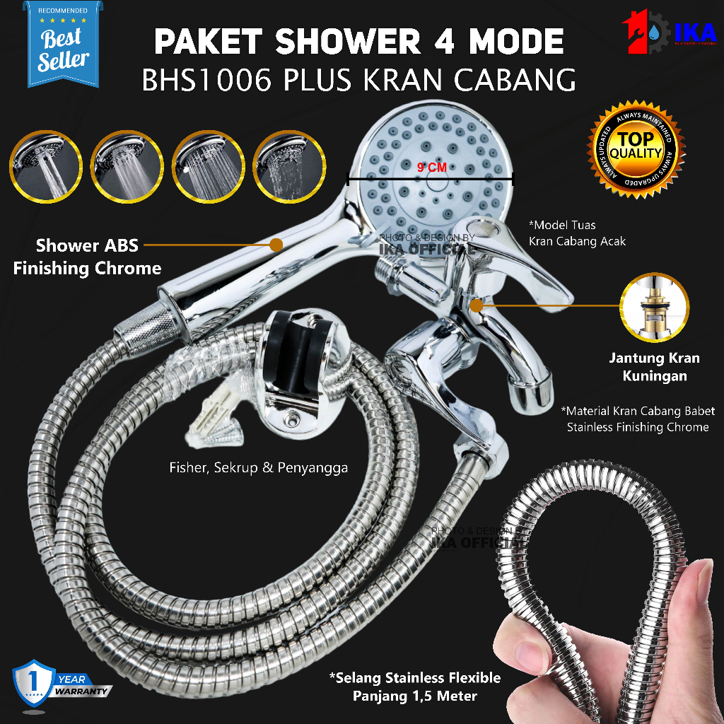 Paket Shower Kamar Mandi dan Kran Shower Cabang - 1/2 Inch Stainless 5 Mode Fungsi /Paket Shower / Shower Mandi / Kran Cabang Shower Kamar Mandi Kuat 4 Mode + Tombol Start/Stop OutletShower Besar Super Kencang Kamar Mandi Hand Shower