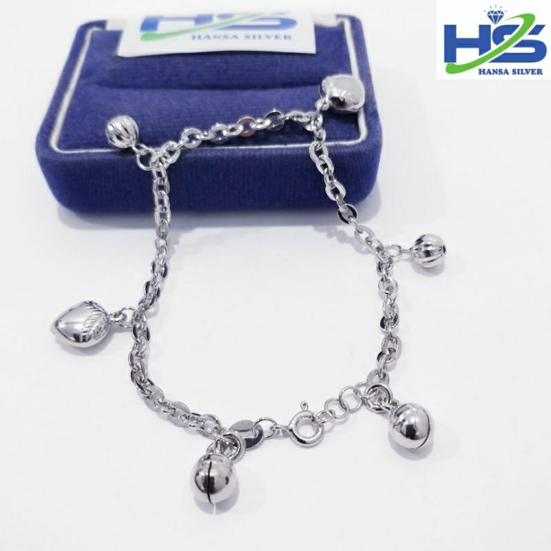 Gelang Perak Asli Silver Tangan Wanita 925 Lapis Emas Putih Rantai Nori Hollo Kopong Gantungan Love - Gelang Perak Wanita Anti Karat