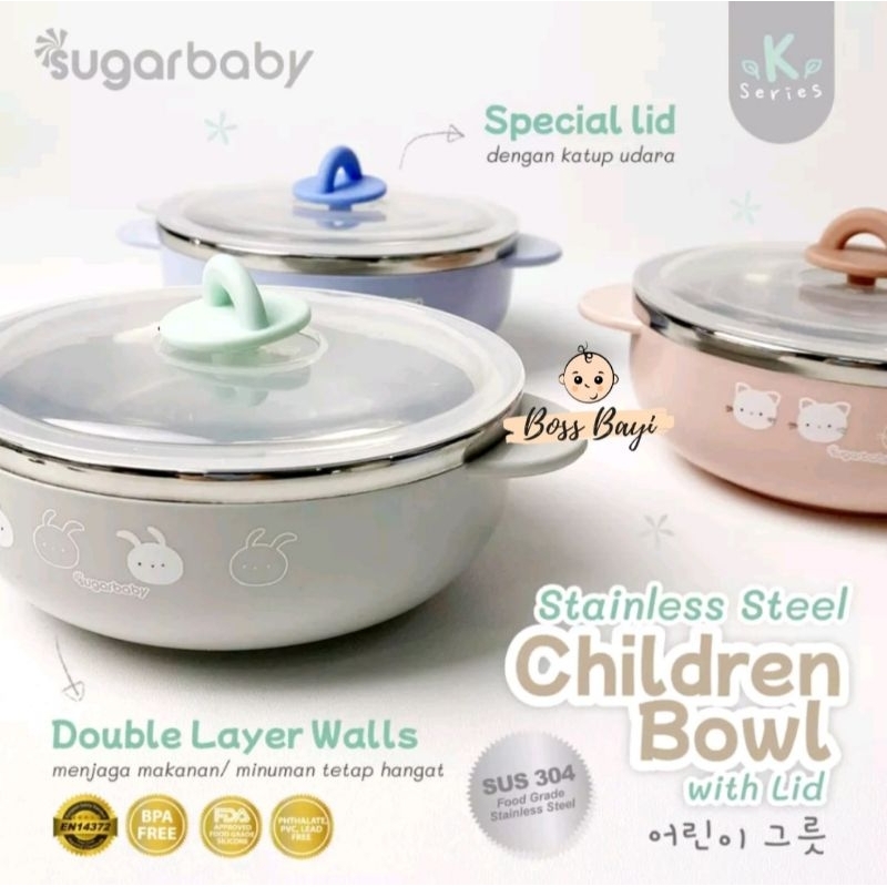 SUGAR BABY -  STAINLESS STEEL Children Lunch Box/ Bowl with Lid/ Cup with Lid/ Spoon &amp; Fork Set / Healthy Silicone Bib/ Feeding Set