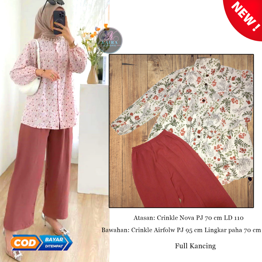 Setelan Wanita Motif Bunga Bahan Cringkle Airflow dan Nova Full Kancing Terbaru