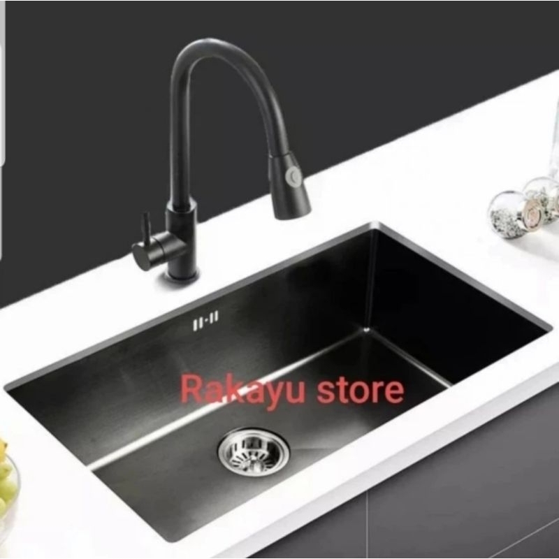 PAKET LENGKAP KITCHEN SINK 6045 BLACK UNDERMOUNT LENGKAP KRAN/BAK CUCI PIRING HITAM UNDERMOUNT 6045 