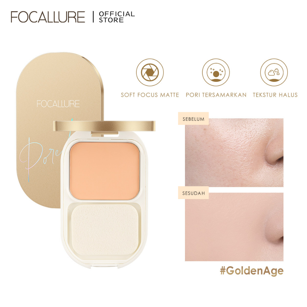 FOCALLURE #GoldenAge Lasting Poreless Bedak Padat Compact Powder Waterproof Matte Pressed Powder- Up to 12 Hours