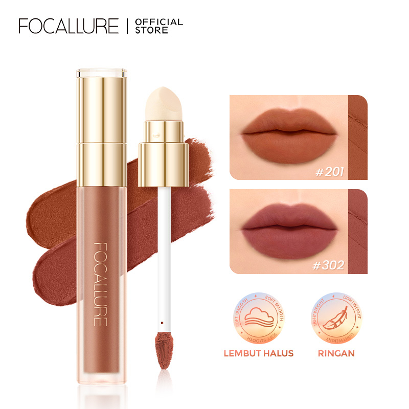 FOCALLURE 2 In 1 Matte Lipstick Velvet Liptint Lightweight Breathable Lip Mud High Pigmented Lipclay Multi-use with Sponge Lip Brush