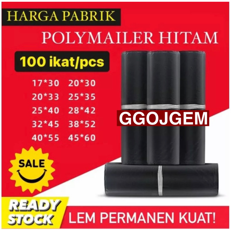 PLASTIK POLYMAILER PACKING HITAM + LEM REKAT (isi 100 PCS)/ Packing Online Shop Kantong Amplop Baju