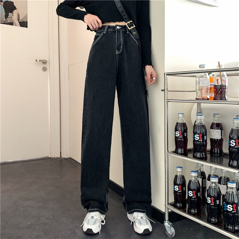 Abu-abu New highwaist longgar Kulot Jeans Wanita