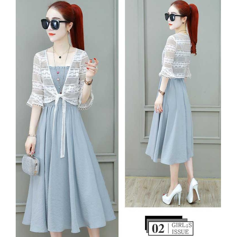Set dress wanita korea import dress katun dan cardigan brukat putih cantik elegant