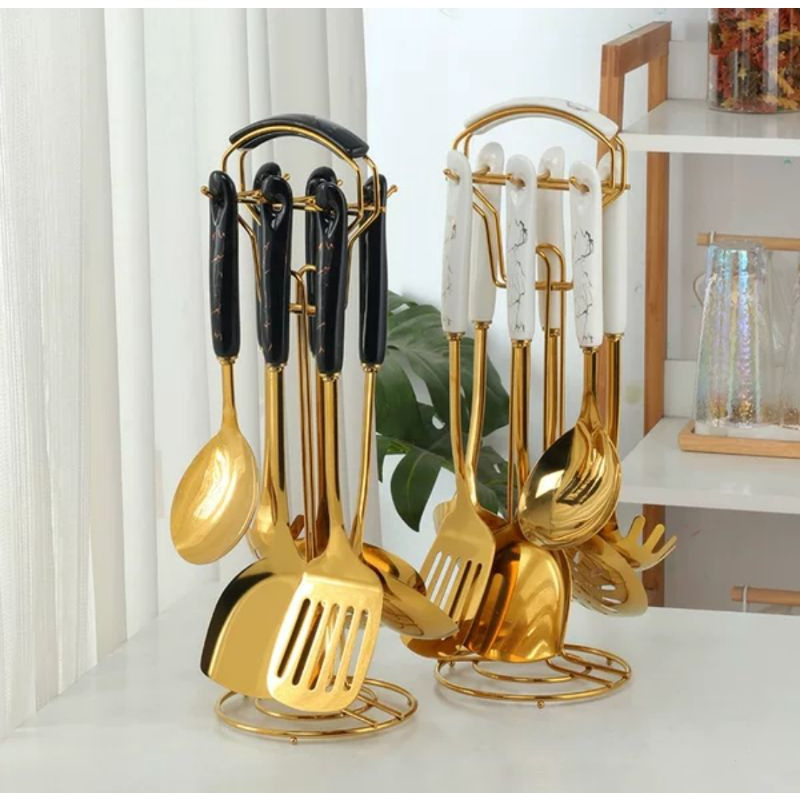 NEXXIO SPATULA MASAK GOLD JADE SET 7 IN 1 / SPATULA GOLD MARBLE / EMAS ELEGANT