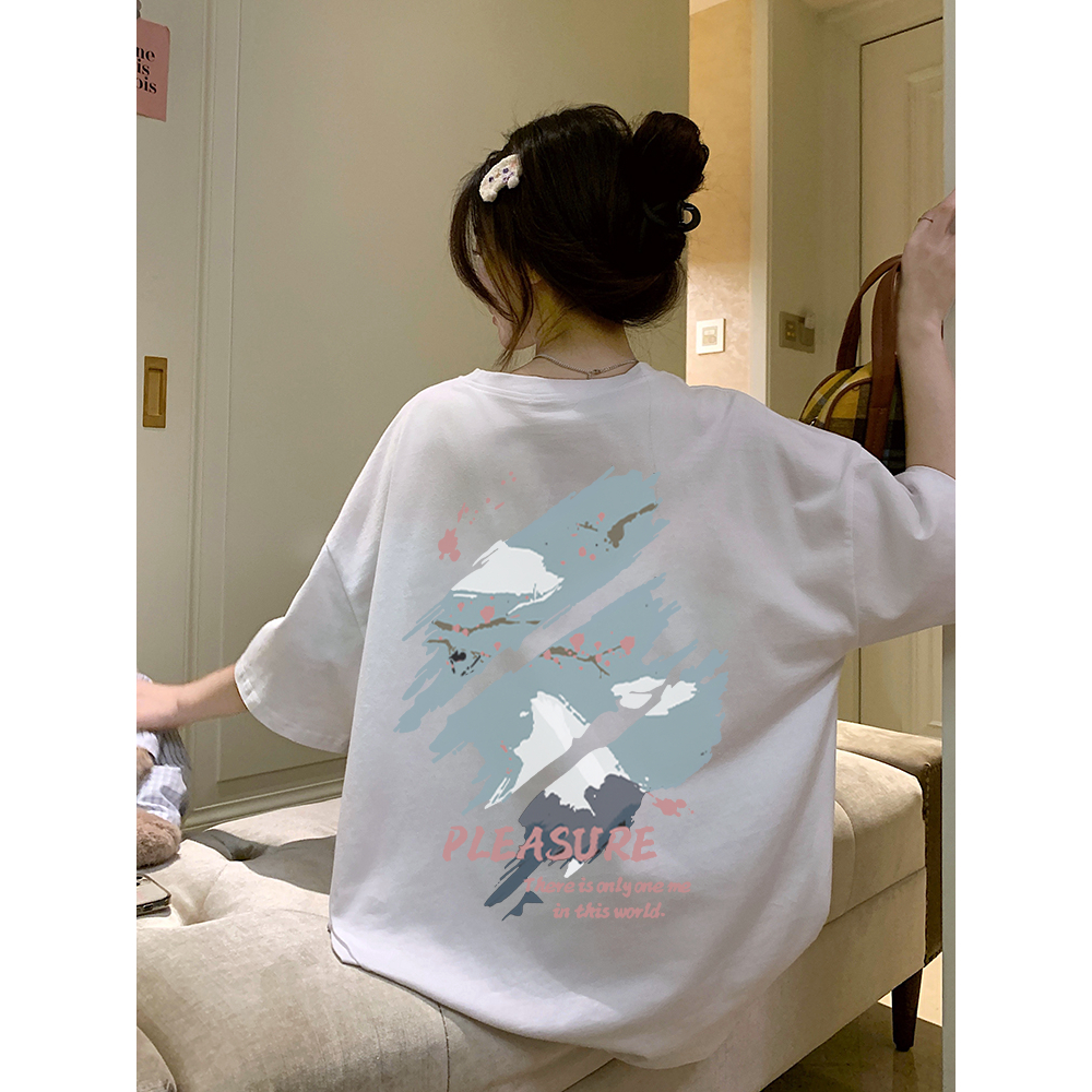 XIAOZHAINV Korean Style Kaos Atasan Wanita Blue Graffiti Pattern Lengan Pendek A0276