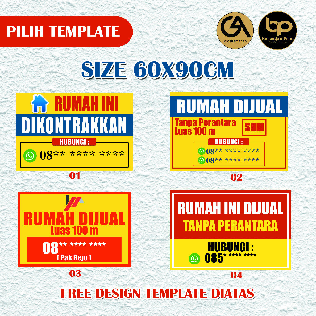 banner dikontrakkan spanduk rumah ukuran 60x90 cm rumah  free design 1 jam jadi