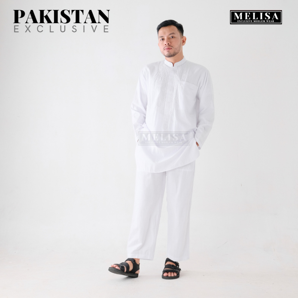 baju koko setelan pakistan pria dewasa warna putih bahan poli katun ukuran M L XL model terbaru Setelan Kurta Pakistan Koko Muslim Lengan Panjang Dewasa Remaja Pria Laki Laki Ukuran M L XL - Putih