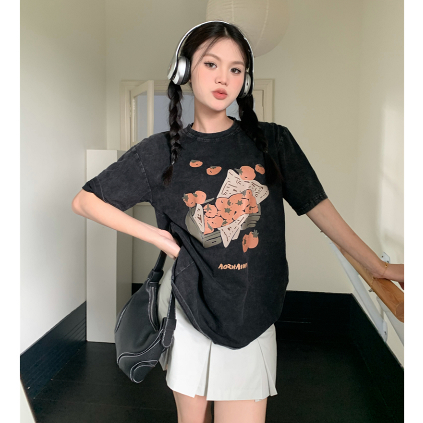 kaos oversize wanita import/american retro lengan pendek kaos hitam washed orange motif printed kaos couple