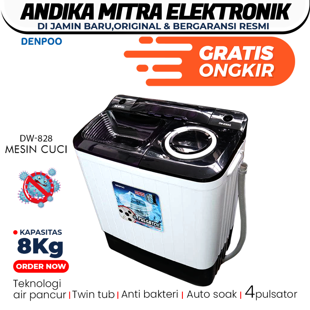 DENPOO MESIN CUCI DW 828 4P 8KG 2 TABUNG TERBARU ANTI BAKTERI DAN HEMAT LISTRIK