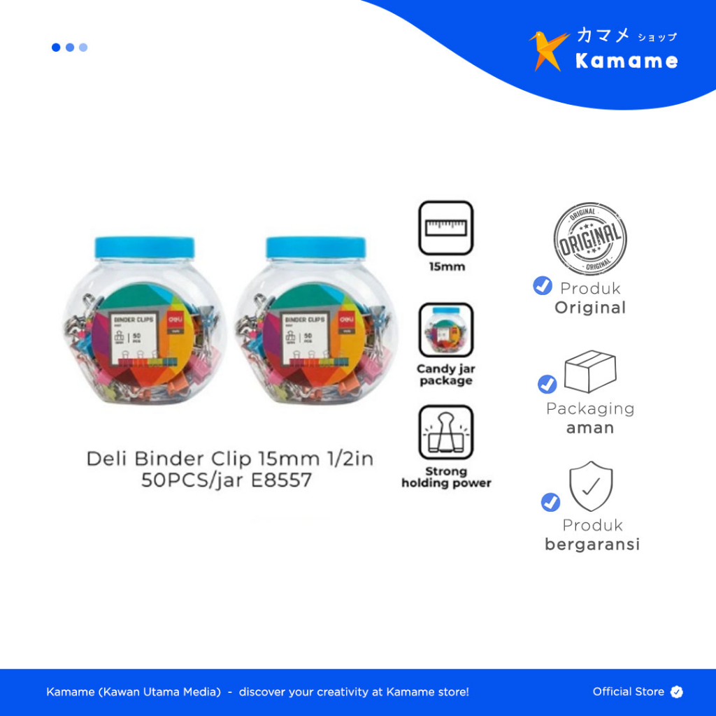 

Deli Effortless Binder Clips - Klip Kertas Kecil 15mm Warna Warni 50pcs Tube E8557 - Kamame