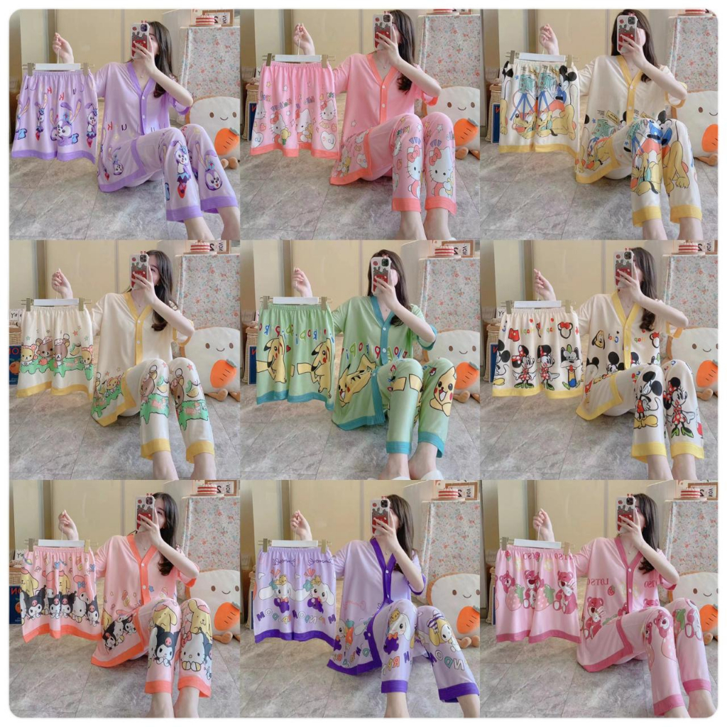 GROSIRTAS TG1735 Set Baju Tidur Wanita 3 in 1 Import / Piyama Wanita Berkancing