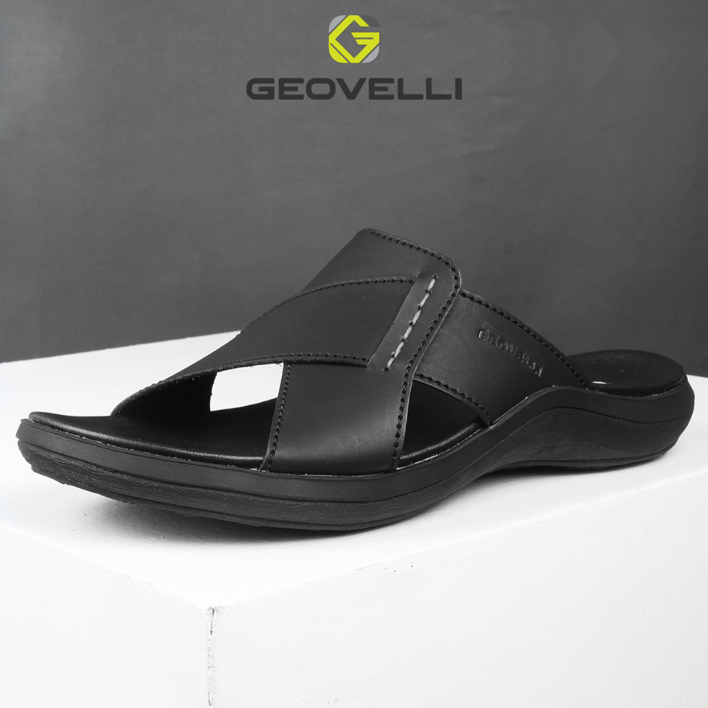 Sandal Pria Hitam Kekinian Geovelli Original Sendal Slide Pria Kualitas Lokal Premium - G-1986 Tan Black