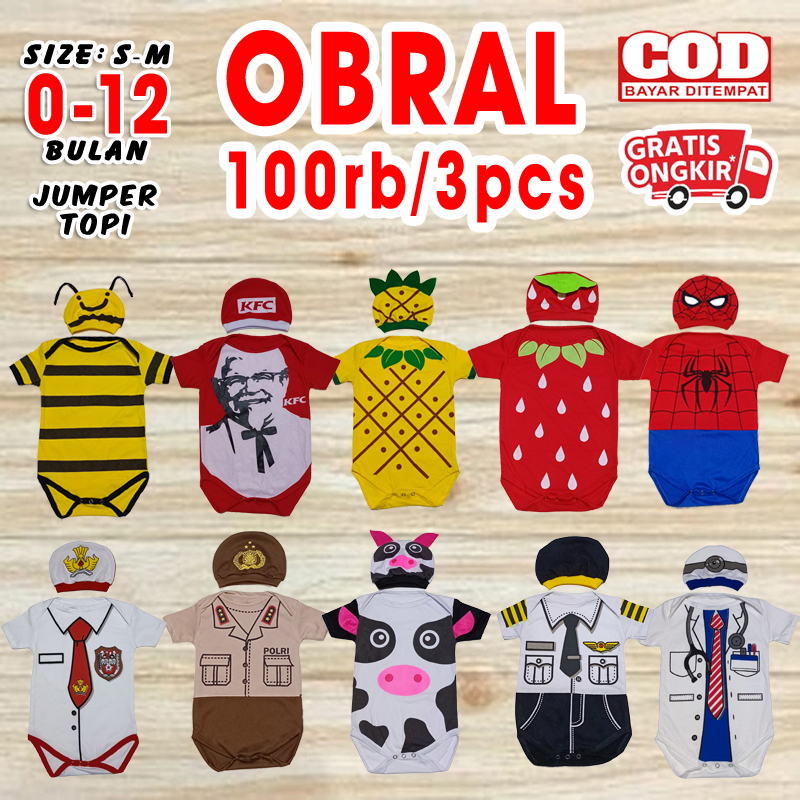 jumper karakter bayi baju romper kaos set jamper pakaian kado laki laki perempuan cowok newborn polo