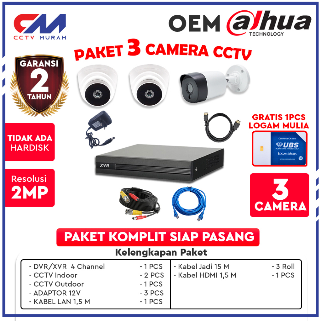 Paket CCTV OEM Dahua 3 Camera CCTV 3 Channel Garansi 2 Tahun Lengkap Tinggal Pasang | Gratis 1pcs Logam Mulia