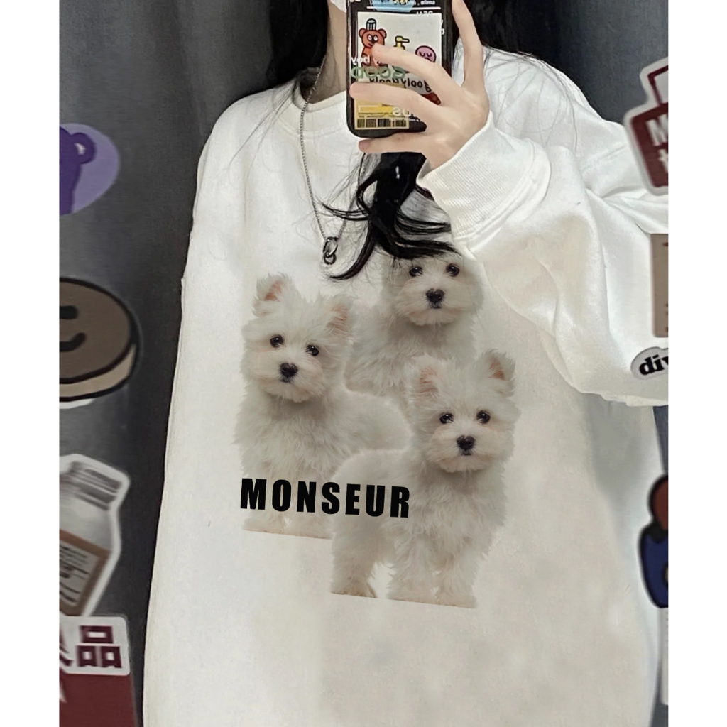 EUNII Sweater Lengan Panjang Cartoon Monseur Dog Printing Korean Style/Sweater Crop/Baju Wanita/Switer Wanita/Switer