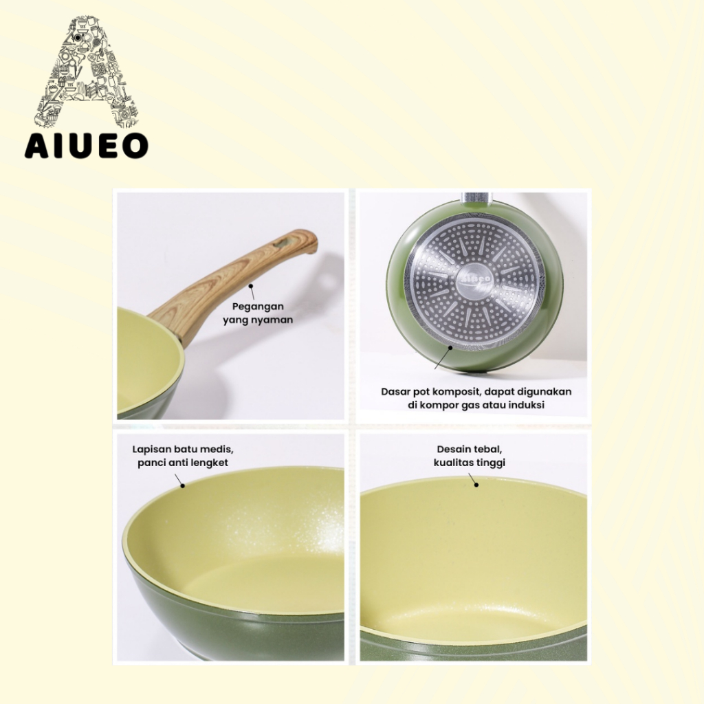 Penggorengan Anti Lengket Set Lengkap - Deep Frying Pan 24Cm + Tutup Kaca Tebal Stainless Steel - Penggorengan Warna Hijau Deep Fryer | Wajan Masak Anti Lengket ukuran 24cm