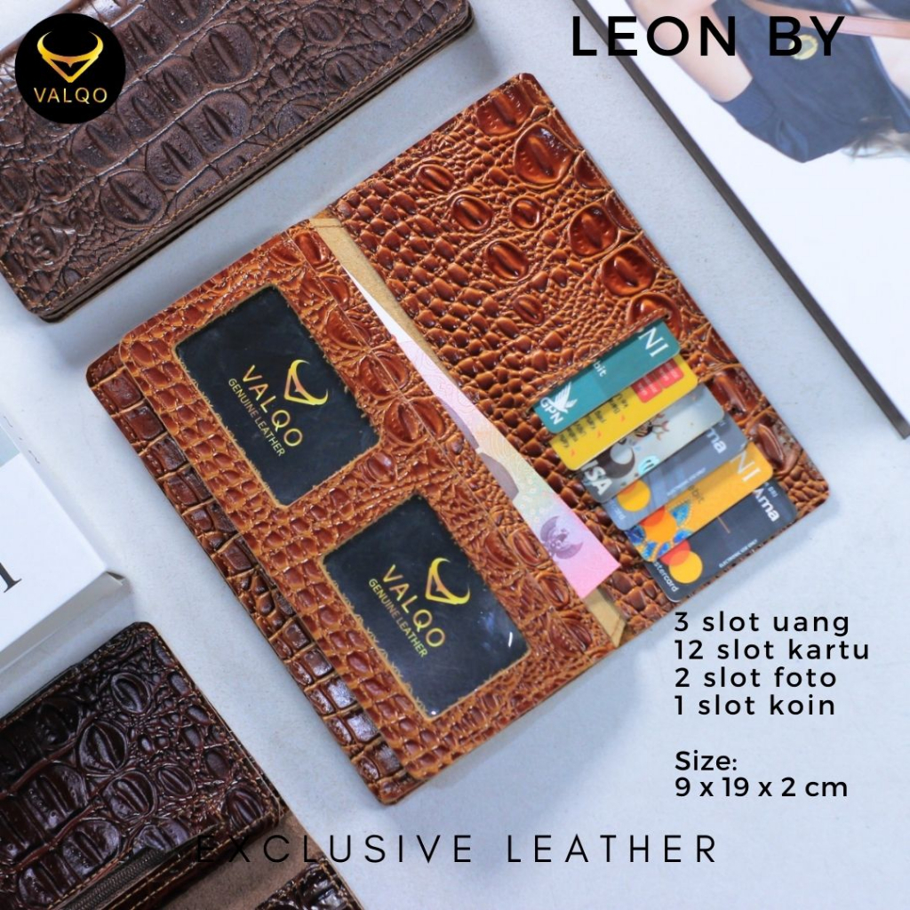 [VALQO] LEON BY Dompet Kulit Sapi Motif Buaya Pria Wanita Panjang Kartu Foto Cewek Cowok