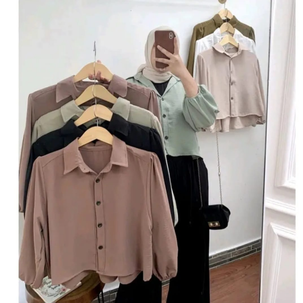 KEMEJA TRIYAN OVERSIZE CROP TOP LENGAN TANGAN BALON