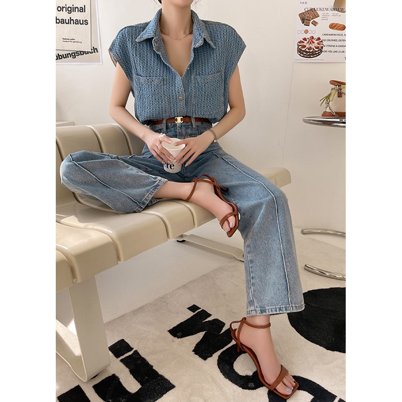 JEANS VEST IMPORT WANITA ROMPI ATASAN DENIM SERUT MX753