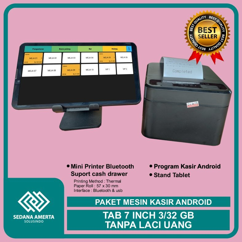 Paket Mesin Kasir Android POS Tablet/Tab 7Inch 3/32 GB - TANPA LACI UANG : - cocok untuk Restaurant, Resto, Cafe, Barber Shop, Vape Store, Retail