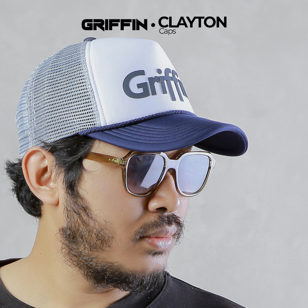 Topi Trucker Pria Wanita Unisex Putih Biru Keren Sablon Hi Density Timbul Clayton by Griffin