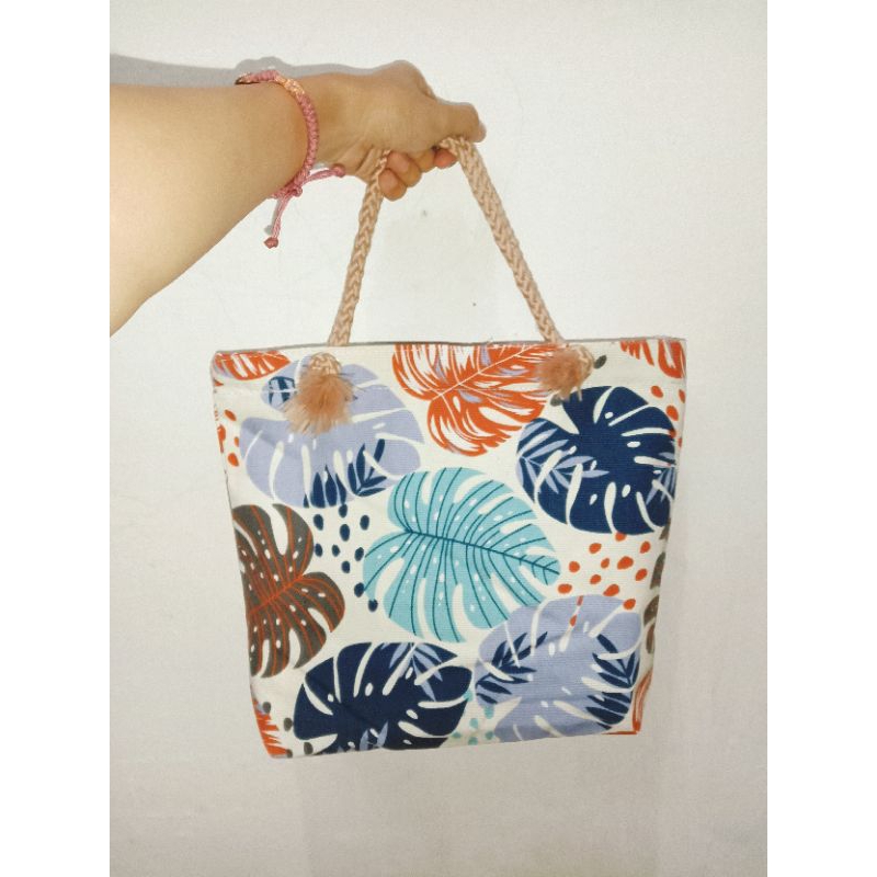 Handbag kanvas motif kecil tote bag kanvas tali sumbu tas mukena