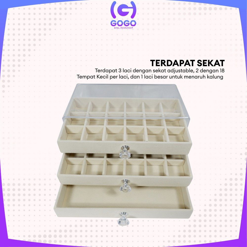 GOGO-K148 Kotak Perhiasan Wanita 3 Laci Jewelry Box dengan Sekat Serbaguna / Tempat Penyimpanan Cincin Kalung Anting Multifungsi / Rak Perhiasan 3 Tingkat Import