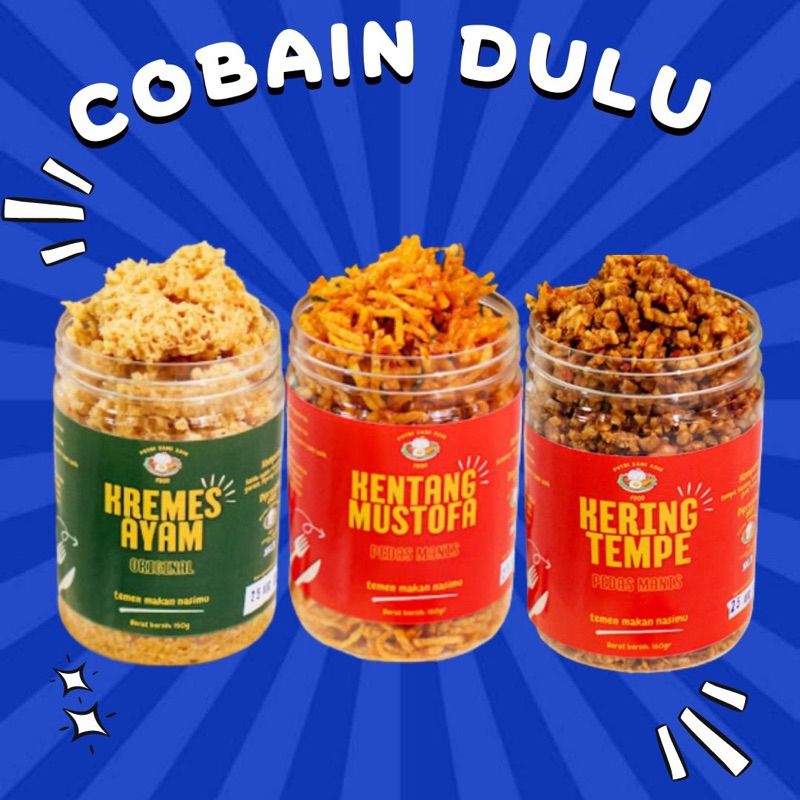 

PAKET COBAIN DULU Kremes Ayam Original 180gr/ Kentang Mustofa Pedas Manis 180gr/Kering Orek Tempe Pedas Manis 250gr Putri Sami Asih Food