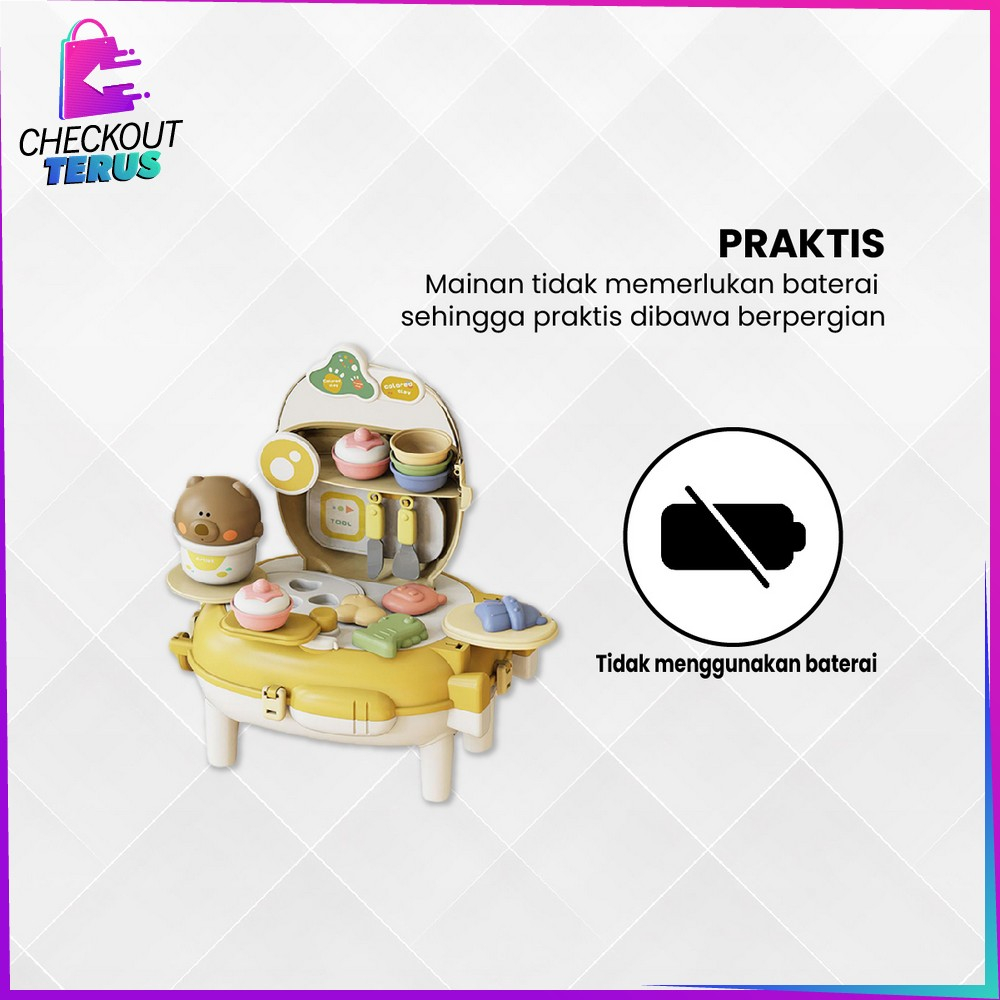 CT M321 Mainan Edukasi Anak Bear Backpack 2IN1 Pretend Play Kitchen Set Simulasi Masak Masakan Dapur Anak Beauty Colorclay Tas Ransel Anak