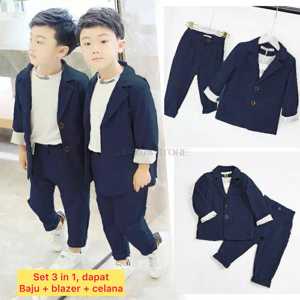 Stelan Anak Laki Laki 3 In 1 ( Dapat Celana + Atasan Kaos + Jas ) Baju Setelan Anak Cowok Murah Baju