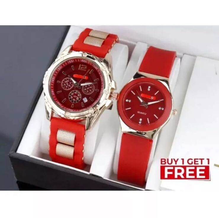 [ BISA COD ] BUY 1 GET 1 JAM TANGAN COUPLE PASANGAN PRIA WANITA Guess Strap Rubber Free Baterai