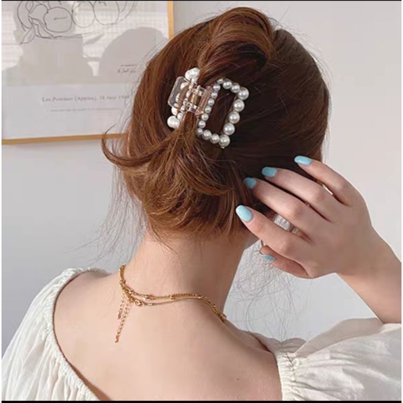 Jepit Rambut Salon Kotak Bolong Transparan 5cm Jedai Kotak Bolong dengan Handle Jedai Mutiara Transparan 5cm Pearl Square Hair Claw Clips