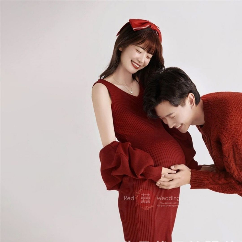 Gaun Maternity Dress Gown Merah Maroon Knit Photoshoot Baju Hamil Stretch Perfect Fit Outer Backless design