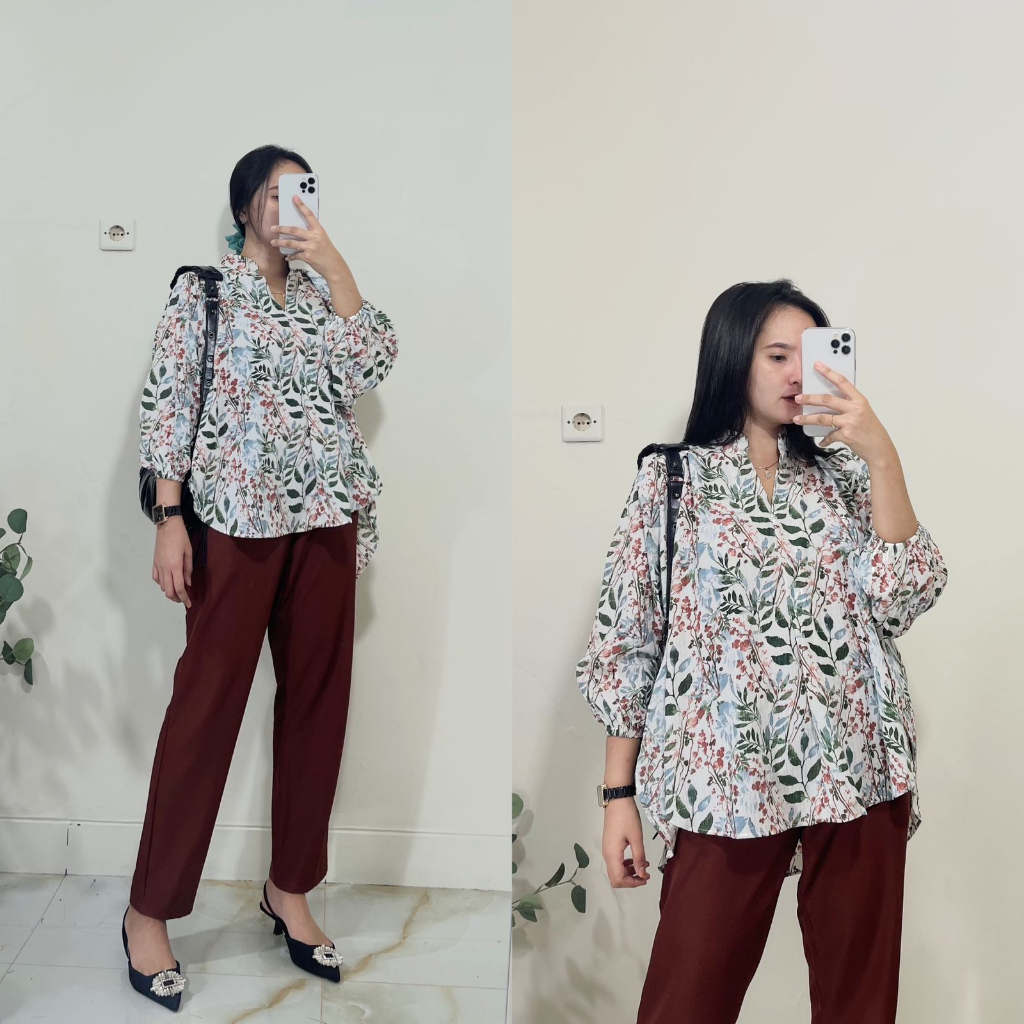 Setelan wanita lengan panjang kerut/ setelan cewek lengan siku/ setelan bunga terbaru zr/ setelan kekinian flow/ setelan blouse /